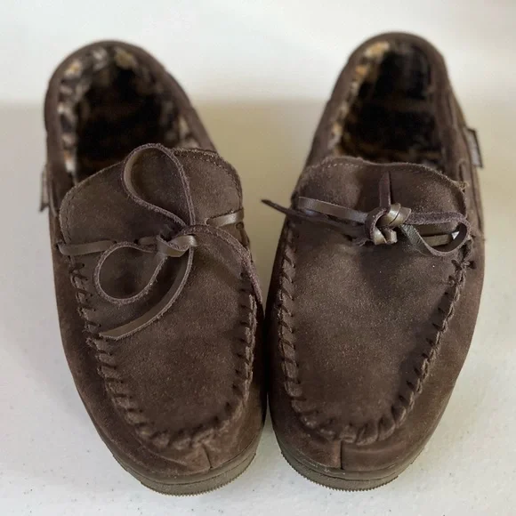 muk luks Loafer Moccasins Shoes Men’s 9 Cow suede Upper Brown Fur Comfy Casual - Picture 4 of 7
